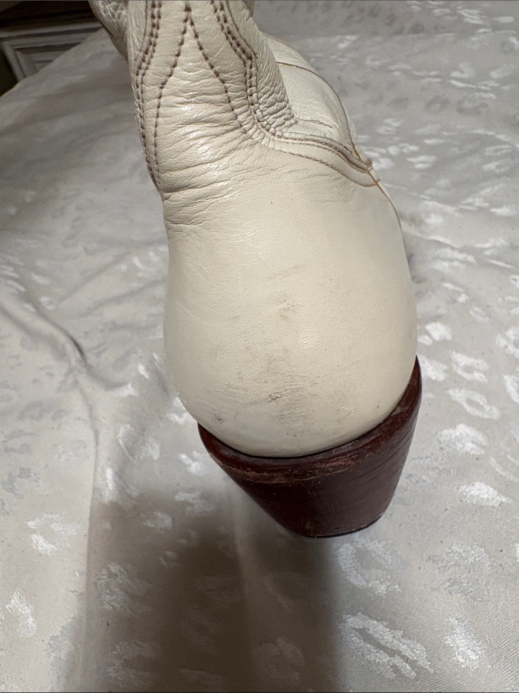 Cream Embroidered Western Knee-High Boots With Stacked Heel — image 8 of 8